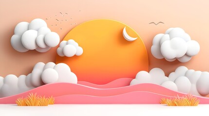 Poster - Stunning 3D landscape rendering of a serene and tranquil sunset scene with vibrant orange sky fluffy white clouds and rolling hills in the background  A minimalist