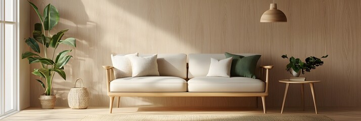 Poster - Cozy and comfortable modern living room with natural wood furnishings neutral color palette and lush greenery providing a serene and inviting atmosphere