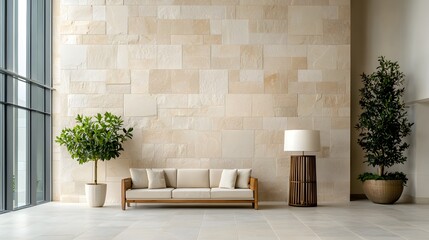Poster - Elegant and minimalist living room interior design featuring a natural stone wall comfortable couch modern lamp and potted greenery creating a calm and serene ambiance