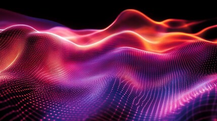 Poster - Abstract glowing wavy grid of interconnected dots in red, pink and purple with dark background