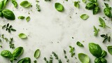 Fresh Basil and Thyme Leaves on Textured White Background, Top Down Flat Lay View.