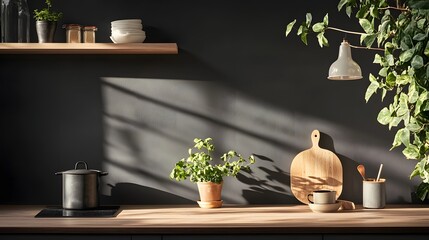 Poster - A cozy and serene minimalist kitchen interior with wooden shelves potted plants and a variety of ceramic kitchenware and cooking utensils showcasing a clean organized and contemporary home design