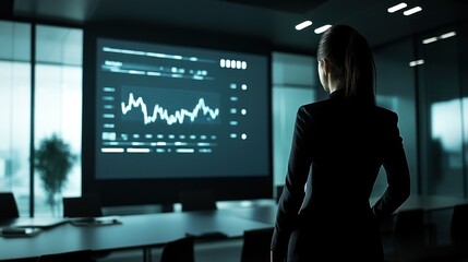 Poster - Businesswoman reviewing data, modern office, night, presentation