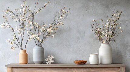 Poster - Elegant floral arrangement of blooming branches in modern ceramic and glass vases displayed on a wooden table against a gray and beige background creating a peaceful and calming atmosphere