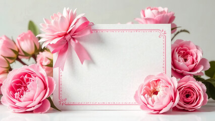 Wall Mural - Clean white paper sheet with pink peonies on white background side view closeup. Mother's day mockup design of greeting card. Template of gift certificate or voucher. Card blank. Text place. Aroma ad