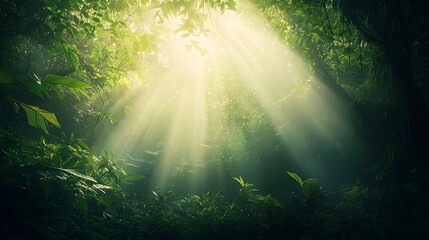 Poster - Mesmerizing sunbeams shimmering through the verdant foliage of a dense vibrant forest creating a serene and ethereal atmosphere  The natural light filters and dances through the dense vegetation