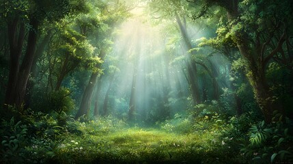 Poster - Lush and verdant enchanted forest scene with sunlight streaming through the canopy of trees creating a magical and mystical atmosphere in this tranquil nature landscape  The soft