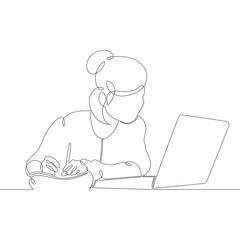 Poster - Young woman designer student manager working on laptop. One continuous drawing line, logo single hand drawn art doodle isolated minimal illustration.
