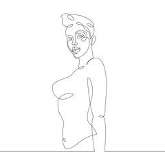 Wall Mural - Portrait of a young woman girl with short hair in a bikini. One continuous drawing line, logo single hand drawn art doodle isolated minimal illustration.