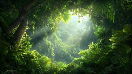 Wall Mural - Breathtaking view of a lush dense tropical forest canopy with sunlight rays filtering through the vibrant green foliage and leaves