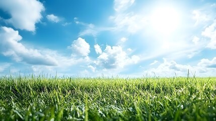 Poster - Breathtaking panoramic view of a vast lush green meadow stretching out under a serene blue sky dotted with fluffy white clouds  The idyllic