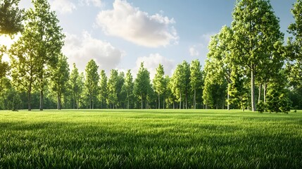 Poster - Stunning scenic view of a picturesque green field with lush vibrant trees and a sunlit serene landscape in an idyllic natural setting  Peaceful tranquil and refreshing outdoor environment