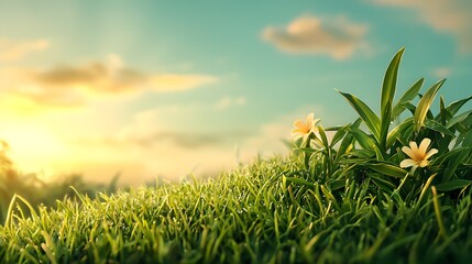Poster - Picturesque pastoral landscape with lush green grass vibrant blooming flowers and a scenic sky at sunrise or sunset  Beautiful natural scenery in a tranquil serene outdoor setting