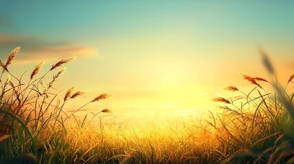 Poster - Breathtaking sunset view over a vast tranquil grassland landscape with the sun s warm golden glow illuminating the swaying grass and creating a serene peaceful atmosphere  This idyllic