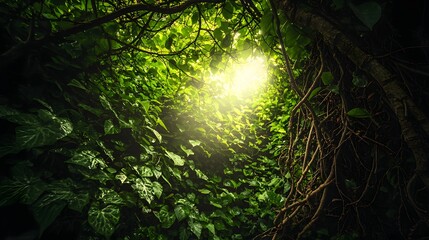 Poster - Enchanting Lush Green Forest with Sunlight Streaming Through Lush Canopy of Foliage Vibrant Nature Landscape Peaceful Scenic Outdoor Environment