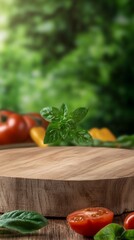 Wooden board, tomatoes, basil, garden background.  Food recipe blog, website banner.