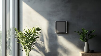 Canvas Print - Modern minimalist interior with mounted tablet, plants, and sunlight.