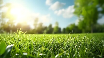 Poster - Tranquil and picturesque meadow with vibrant green grass and foliage under a bright sunny sky with fluffy white clouds  The serene and natural landscape creates a calming and beautiful outdoor scene