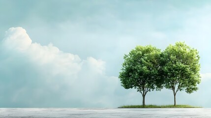Poster - Serene landscape with lush green trees standing tall against a calm cloudy blue sky  Peaceful pastoral scene evoking a sense of tranquility and natural beauty