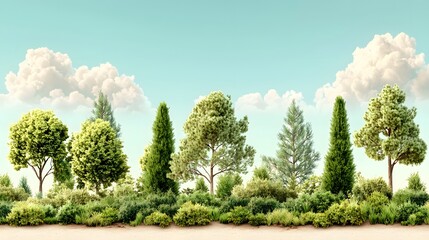 Poster - Lush green landscape with a diverse array of trees including evergreen conifers and deciduous foliage set in a serene and picturesque natural environment  The scene evokes a sense of tranquility