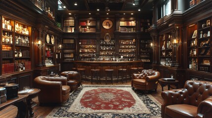 Aufkleber - A luxurious bar features dark wood shelves filled with a variety of spirits. Plush seating creates a welcoming atmosphere, illuminated by soft lighting, promoting relaxation and conversation.