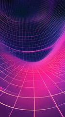 Poster - abstract 3d grid tunnel with neon pink and purple gradient, retro futuristic background.