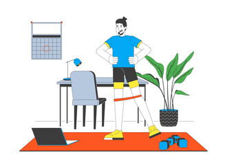 Poster - Home office workout session with resistance band cartoon flat illustration. Online fitness. Wfh man doing exercise with laptop 2D character isolated on white background. Vector colorful image