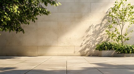 Poster - A serene and minimalist architectural landscape featuring a concrete terrace or patio surrounded by lush green foliage and bathed in warm