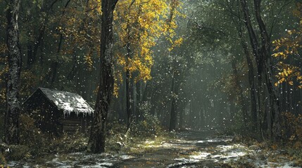 Poster - Peaceful Winter Forest Scene with First Snowfall and Cabin