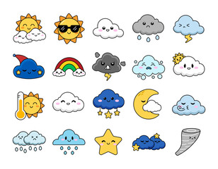 set of weather illustration icons in cute doodle style, collection of cartoon weather elements