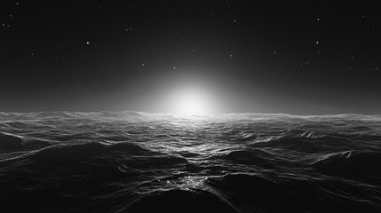 Wall Mural - Abstract Monochrome Ocean Waves at Night Under Starry Sky with Bright Horizon Glow.