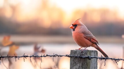 Wall Mural - Female cardinal sunset perch fence nature wildlife