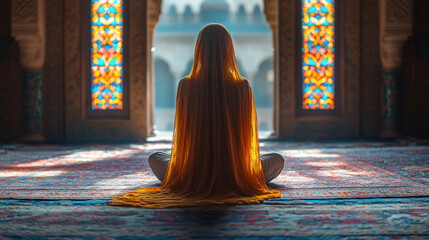 Wall Mural - A Muslim woman praying in a mosque's women's section, with beautiful Islamic patterns on the walls