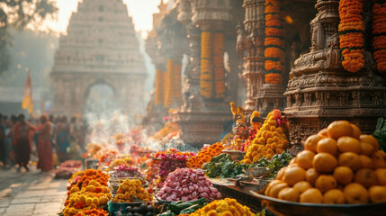 Wall Mural - A bustling Hindu temple during a festival, with devotees preparing elaborate offerings and chanting together