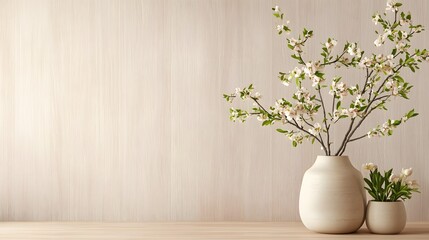 Poster - Minimalist and elegant floral arrangement featuring white blossoms in a simple ceramic vase placed on a wooden table  The composition exudes a sense of tranquility beauty and modern sophistication