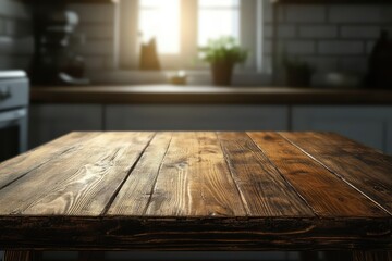 Rustic wooden table kitchen countertop sunlight