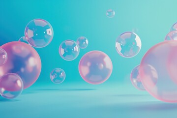 Poster - Soap bubbles are floating in a minimalist pastel blue room