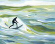 © timerstudio - abstract ocean surfing art, dynamic wave forms, fluidity in brushwork, intense color contrasts, motion and speed, abstract surfer silhouette amidst vivid sea tones