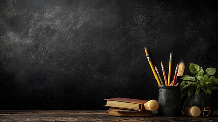 Poster - Pencils paintbrushes and other stationery items arranged on a dark wooden desk background representing creativity education and the tools of work