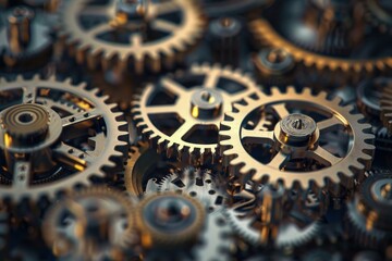 Wall Mural - Close up view of numerous metallic gears interconnecting, showcasing the complexity of a mechanical system