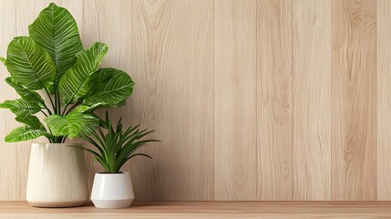 Poster - Lush tropical potted plants and greenery displayed on a wooden shelf in a minimalist bright and airy interior design  The natural foliage creates a calming serene and nature inspired atmosphere