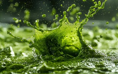 Wall Mural - A vibrant pesto sauce burst with green liquid droplets flying in motion.