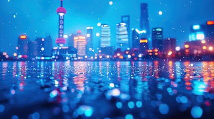 Poster - Shanghai rain, city lights reflecting, nighttime, urban