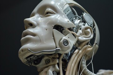 Poster - Humanoid robot head with visible mechanics showing artificial intelligence