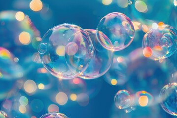 Poster - Soap bubbles floating in the air with a blue background creating a relaxing atmosphere of peace and joy