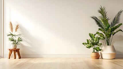 Poster - peaceful and minimalist living room with lush indoor plants on wooden table serene and tranquil home