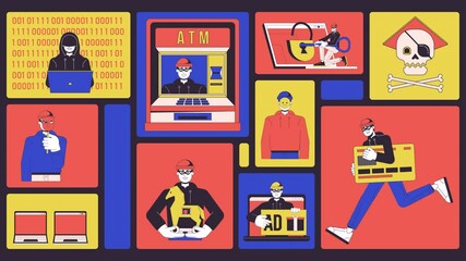 Poster - Cyber crimes animated bento grid layout. Cyberattacks. Trojan malware. Internet crime financial. Theft hackers 2D animation flat cartoon ui collage design. 4K video motion graphic collection