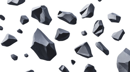 Poster - The image shows numerous grey rocks of varying sizes falling or floating against a pure black backdrop.