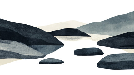 Aufkleber - An abstract watercolor painting depicts a serene landscape of mountains, a calm body of water, and various sized rocks.