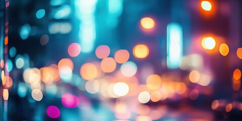 Poster - abstract night city lights bokeh background with vibrant teal, orange, and pink blurs.